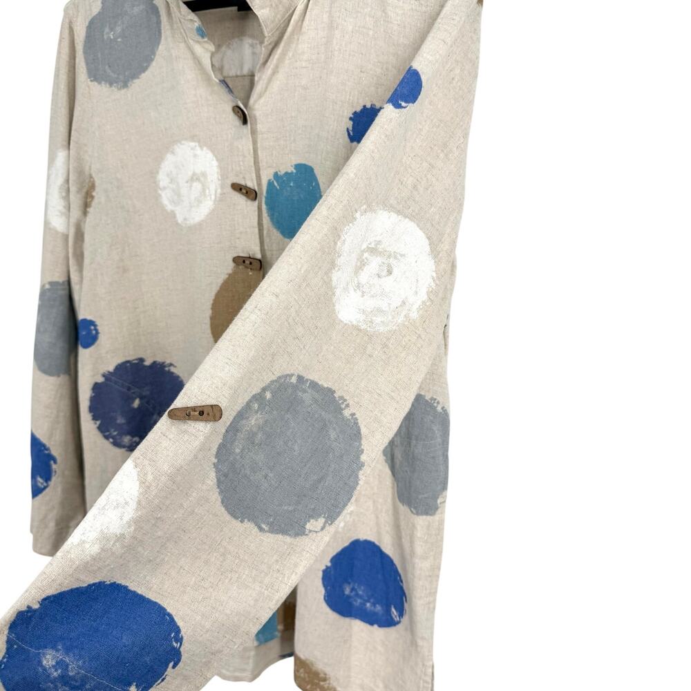 Ali Miles Sz Medium LINEN BLEND Blue Beige Wearable Art Beach Blouse Shirt Top - Picture 9 of 13